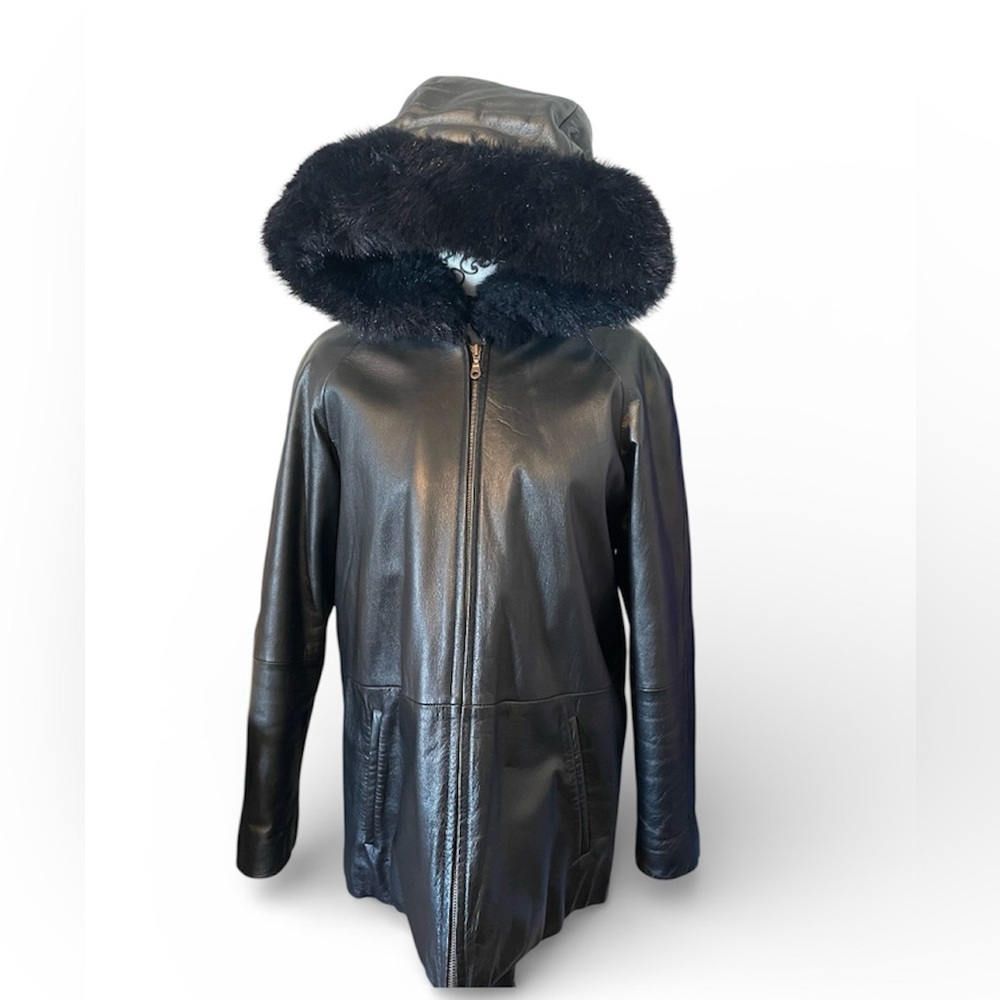 Wilson Leather Faux Fur Hooded Heavy Long Coat Women's Size L Pockets Full Zip